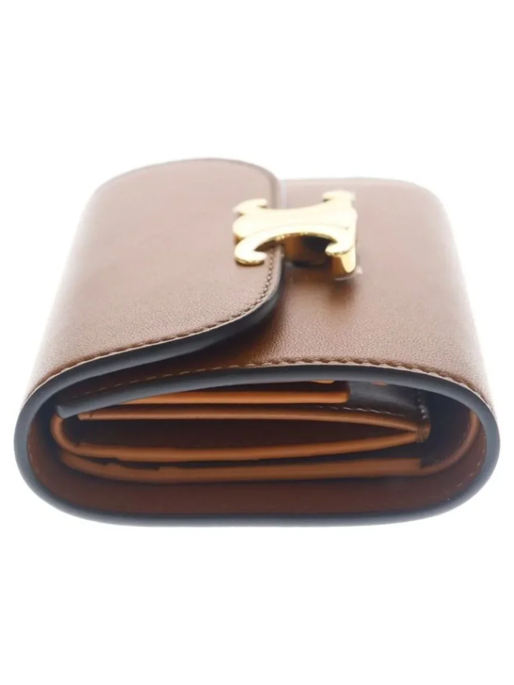 Celine Triomphe Trifold Wallet Compact Coin Case Brown Leather Gold - Picture 3 of 6